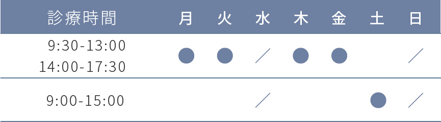月火木金9:30-13:00/14:00-17:30、土9:00-15:00、水日祝休診